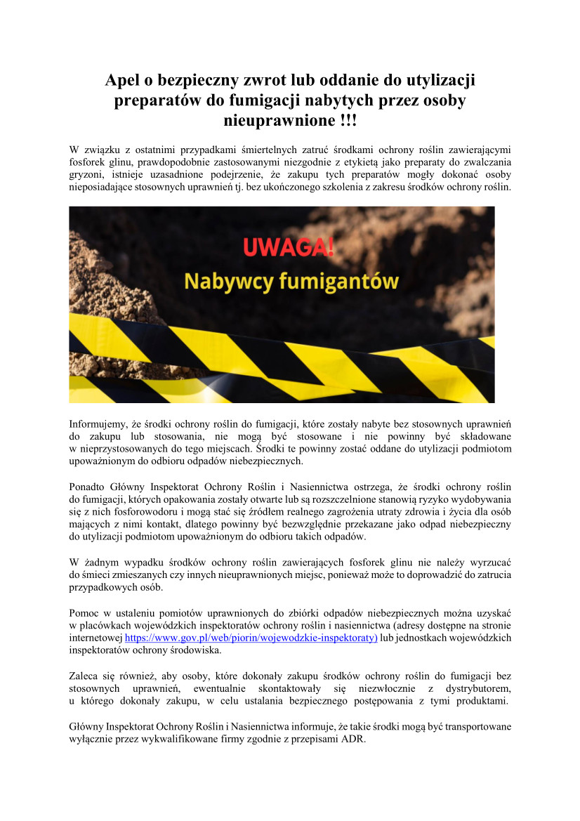 Informacja Apel o&nbsp;bezpieczny zwrotn lub&nbsp;oddanie do utylizacji preparat&oacute;w do fumigacji nabytych przez osoby nieuprawnione.